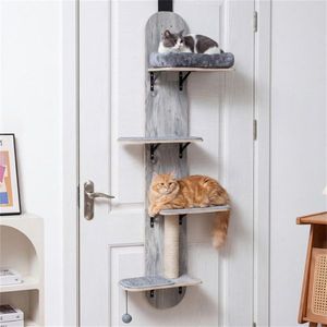 Arbre à chat suspendu gris réglable à 5 niveaux, 4 plateformes, sans perçage pour installation facile en appartement - Product Image 1