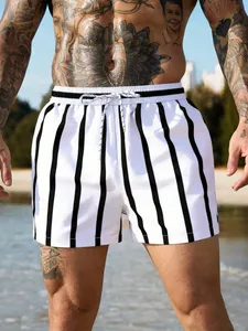 Shorts de Playa para Hombre, de Secado Rápido, con Rayas, Cintura con Cordón Ajustable, Corte Medio, Traje de Baño de Poliéster Tejido, Shorts de Verano - Product Image 3