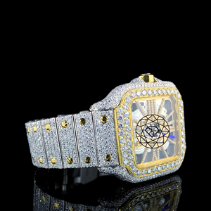 Luxury Diamond Encrusted Square Mechanical <b>Watch</b> Yellow Gold <b>Case</b> Stainless Steel Band Analog Roman Numeral Dial Deployment - Product Image 4
