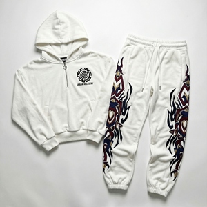 Ensemble de survêtement pour homme épais et écologique, imprimé avec strass, délavé à l'acide, deux pièces : sweat à capuche zippé quart et pantalon de survêtement ample - Product Image 1