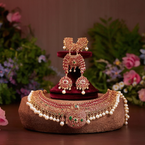 Ruby Three-Layer Kemp Haram with Pearls-Fine <b>Bridal</b> <b>Jewelry</b> <b>Set</b> - Product Image 3