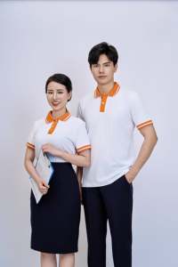 เสื้อเชิ้ตคอปกตัดต่อสีตัดกัน กระดุมปกติ สไตล์ลำลอง มีโลโก้ด้านหน้า สีน้ำเงินกรมท่า แต่งขอบสีขาว ผ้าฝ้าย 95% สแปนเด็กซ์ 5% - Product Image 2