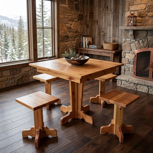 Table à manger carrée rustique en bois massif avec 4 tabourets, base sur piétement, artisanale, pour cuisine, coin petit-déjeuner ou salle à manger - Product Image 2