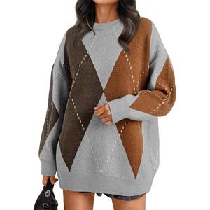 2024 Trendy Queen Oversized Chunky Knit Crewneck Women's <b>Sweater</b> Color Block <b>Argyle</b> Plaid Design Breathable Warm with Front Logo - Product Image 4