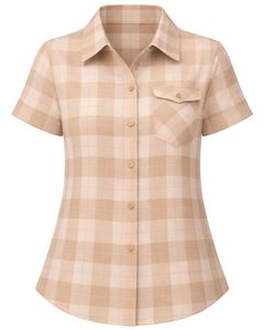 Custom Beige And Plaid Womens Short Sleeve Button Up Shirt Casual Summer Lightweight Breathable <b>Checkered</b> <b>Top</b> With Pocket - Product Image 1