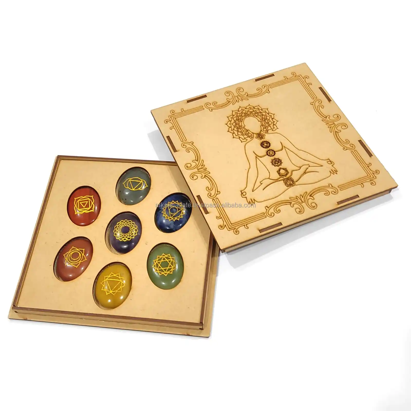 Оптовая продажа, Овальный Набор из 7 чакр с гравировкой камней, деревянная коробка Будды, духовная чакра для медитации