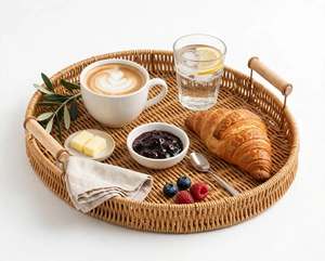 Juego de 3 bandejas multifuncionales de ratán tejido con asas de madera / Bandeja de desayuno boho hecha a mano / Organizador de tocador apilable - Product Image 2