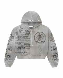 เสื้อฮู้ดดี้สตรีทแวร์ทรงบ็อกซี่ผ้าฝ้ายฟลีซเนื้อหนา 500gsm คุณภาพสูง สกรีนลายโลโก้แบบดิสเทรส ประดับด้วยคริสตัล  ซิปหน้า  สำหรับผู้ชาย สไตล์ย้อมสีเอซิดวอช - Product Image 5