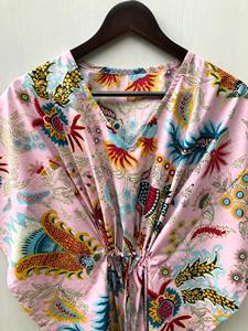 Vestido largo caftán de algodón indio con estampado floral: ropa de playa, ropa de dormir - Product Image 4