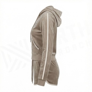 Women's <b>Velvet</b> Hooded 2 Piece <b>Shorts</b> Set Full Sleeve Zipper Pocket Casual Loose Fit Above Knee Solid Color Breathable Home Wear - Product Image 3