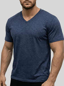 Men's V-Neck Short Sleeve Solid for Cotton Casual T-Shirt Regular Fit Breathable Enzyme Wash Jersey Fabric 180g Eco-Friendly - Product Image 4