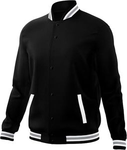 Veste varsity noire pour homme, col rabattu, bouton unique, coupe classique, couleur unie, cuir véritable, style décontracté, vêtements d'hiver - Product Image 2