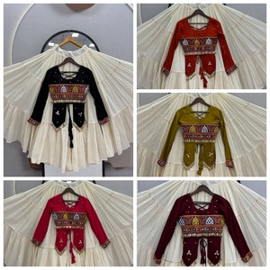 Traditional Indian Cotton <b>Lehenga</b> Set With Embroidered <b>Red</b> Crop Top And Cream Floor-Length Skirt For Women <b>Wedding</b> Wear - Product Image 5