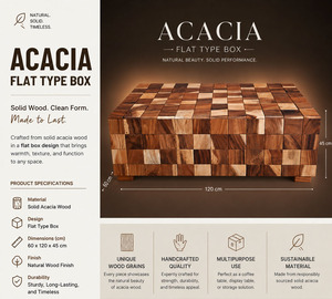 Acacia Flat Type Box Coffee <b>Table</b> Natural Wood <b>Cube</b> Design Living Room Furniture - Product Image 1