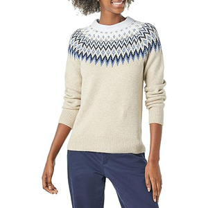 Pull en jacquard crème pour femme, col rond, motif géométrique - Product Image 2