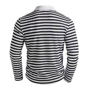 Polo de Manga Larga para Hombre, Camiseta de Punto a Rayas, Cuello con Botones, Estilo Casual, Negro y Blanco - Product Image 2