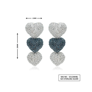 Pendientes de Plata de Ley 925 con Tres Corazones y Diamantes Naturales Blancos y Azules Mejorados de Corte Redondo de 2.08 Cttw para Mujer, G-H - Product Image 2