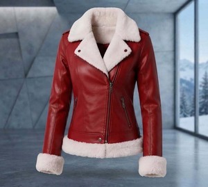 Veste d'hiver unisexe en cuir d'agneau véritable rouge DF-WLJr1, imperméable, avec fermeture éclair |   Mode - Product Image 1