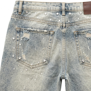 Men's Mid Waist Custom Button Fly Ripped Denim Bermuda <b>Shorts</b> With Rhinestone <b>Decoration</b> Washed Cotton Casual Style - Product Image 3