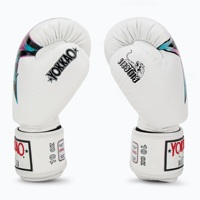Gants de boxe YOKKAO Fighter KO Star Logo Blanc/Noir en cuir véritable pour Muay Thai, Kickboxing, entraînement et sparring, fermeture auto-agrippante