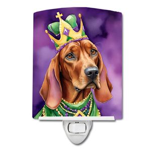 Luz de noche de cerámica Redbone Coonhound King Mardi Gras con certificación UL compacta 6x4x3 Multicolor para dormitorio, pasillo, cocina - Product Image 1