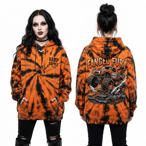 Sudadera con capucha personalizada tie-dye para mujer, naranja y negra, con estampado gráfico de Monster Truck Fanged Fury, estilo oversize, ropa urbana. - Product Image 1