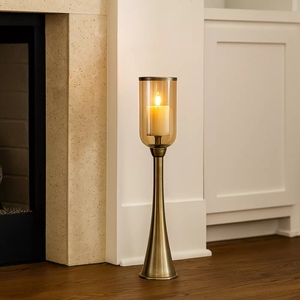 New design antique brass coated metal hurricane candle holder gold floor candle stand offer customizations decor <b>glass</b> candle - Product Image 6