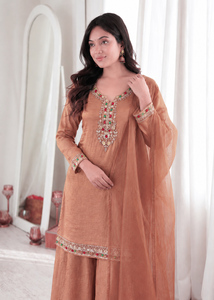 Pure Salsa Silk Kundan Sequence Embroidery Kurti Set With Micro Cotton Lined Palazzo <b>Pant</b> And Lace Dupatta For Women QO 1072 - Product Image 3
