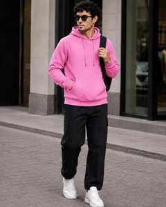 Men's <b>Pink</b> Hooded <b>Sweatshirt</b> Regular Fit Solid Color Cotton French Terry Casual Pullover Autumn Wear - Product Image 5