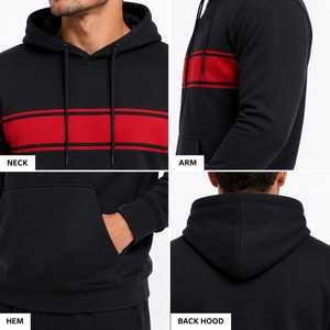 Men's Color Block <b>Hoodie</b> Black <b>Red</b> Striped Pullover Hooded Sweatshirt Drawstring Kangaroo Pocket Custom Wholesale Fleece Casual - Product Image 3