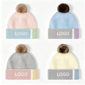 Custom Logo Color Block Cuffed Knit Beanie Faux Fur Pom Pom <b>Hat</b> <b>Winter</b> Warm Acrylic Bobble <b>Hat</b> Color Matching Knitted Cap - Product Image 5