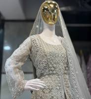 Robe Lehenga Choli Grande Taille en Dentelle Coupe A-Line avec Voile, Taille Naturelle, Broderie Florale, Manches Lanterne, Tenue de Mariage Formelle