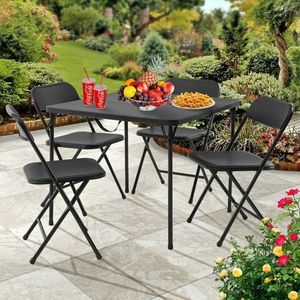 Tavolo da gioco in resina da 5 pezzi nero e quattro sedie pieghevoli per uso giardino - Product Image 1
