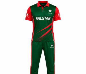 Conjunto de Uniforme de Cricket Sublimado Personalizado, Unisex, de Secado Rápido, Transpirable, Ligero, Antibacteriano, Estilo Verde y Rojo en Contraste - Product Image 3