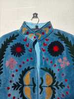 Veste Kimono Ethnique en Velours Brodé Suzani, Faite à la Main, Style Bohème, Vintage, Bleu, Col Montant, en Coton, Spéciale Hiver