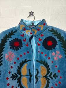 Suzani Embroidery Velvet Kimono Jacket Handmade Boho <b>Coat</b> Vintage Art Blue Jacket For Winter And For Special Days - Product Image 2