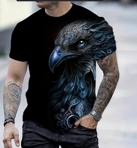 Camiseta de Manga Corta para Hombre con Estampado de Águila Blanca, Corte Regular, Cuello Redondo, Informal, de Poliéster/Algodón Lavado, Transpirable, Estilo Hip Hop - Product Image 6