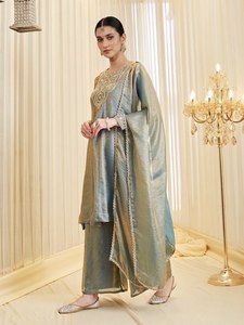 Conjunto de Salwar Kameez Verde Bordado para Mujer, Anarkali Kurta Palazzo Dupatta, Traje para Boda o Fiesta - Product Image 3