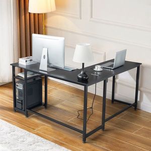 Tiger Black L-Shaped Desktop Computer Desk with Power Outlets and Shelf - Product Image 2