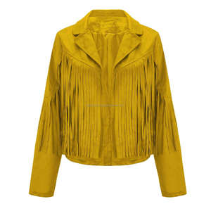 Chaquetas Cortas de Mujer Estilo Vaquero Occidental Bohemio, de Cuero de Gamuza Vintage Amarillo con Flecos y Borlas, Manga Larga, Solapa, Transpirable para Otoño - Product Image 5