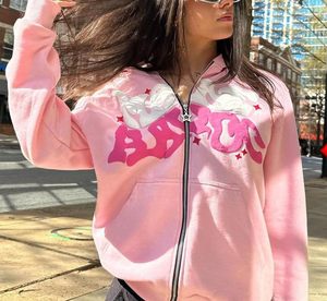 Sudadera con capucha extragrande personalizada con cremallera completa, color rosa bebé, de felpa gruesa de algodón, estilo urbano, con estampado en relieve. - Product Image 6