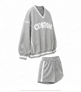 Conjunto de Sudadera y Pantalones Cortos de Algodón de Secado Rápido con Cuello en V para Mujer, Talla Grande, Color Gris Jaspeado, Informal, para Invierno - Product Image 3