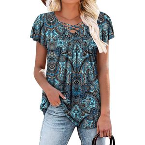 Tops tipo túnica de verano 2025 para mujer, blusa elegante con cuello en V y patrón azul bordado, manga corta y mallas, talla M - Product Image 3