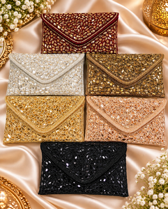 Pochette élégante en polyester ornée de perles et de cristaux, motif géométrique, pour soirée, mariage, avec fermeture à rabat, satinée et brodée à la main - Product Image 4