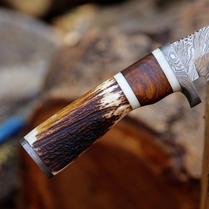 Handmade Industrial Grade Camping Skinner <b>Knife</b> with Damascus Steel Blade and <b>Bone</b> <b>Handle</b> in Leather Sheath - Product Image 2