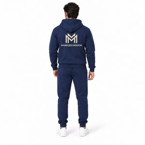 Conjunto Deportivo de Felpa Ecológica con Capucha Azul Marino para Hombre, Sudadera con Cierre Completo y Pantalones Jogger, Color Sólido Informal, Poliéster/Algodón - Product Image 2