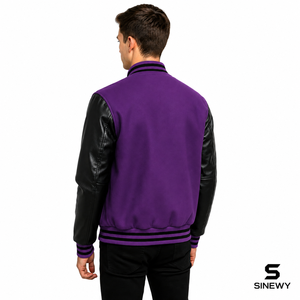 Veste universitaire violette écologique pour homme SINEWY, manches en cuir PU noir, logo sur le devant, col montant, vêtement décontracté d'automne, doublure en laine - Product Image 3