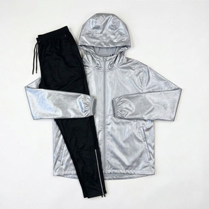 Unisex <b>Silver</b> Metallic Lightweight Hooded <b>Jacket</b> and Black Elastic Waist Joggers Set 2 Piece Premium Sportswear Tracksuit - Product Image 1