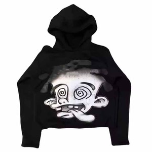Sweat à capuche pour homme en coton tricoté noir, coupe oversize, décontracté, hiver, avec logo frontal et imprimé dessin animé personnalisé, manches classiques - Product Image 1
