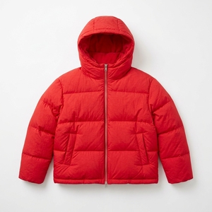 Red Quilted Puffer Jacket With Hood Full Sleeve Zipper Winter <b>Coat</b> <b>For</b> <b>Women</b> Solid Color Polyester Wadding Thick Regular Length - Product Image 1